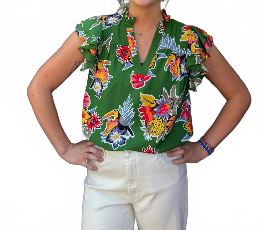 NEW JADE toucan para ruffles sleeve top in green